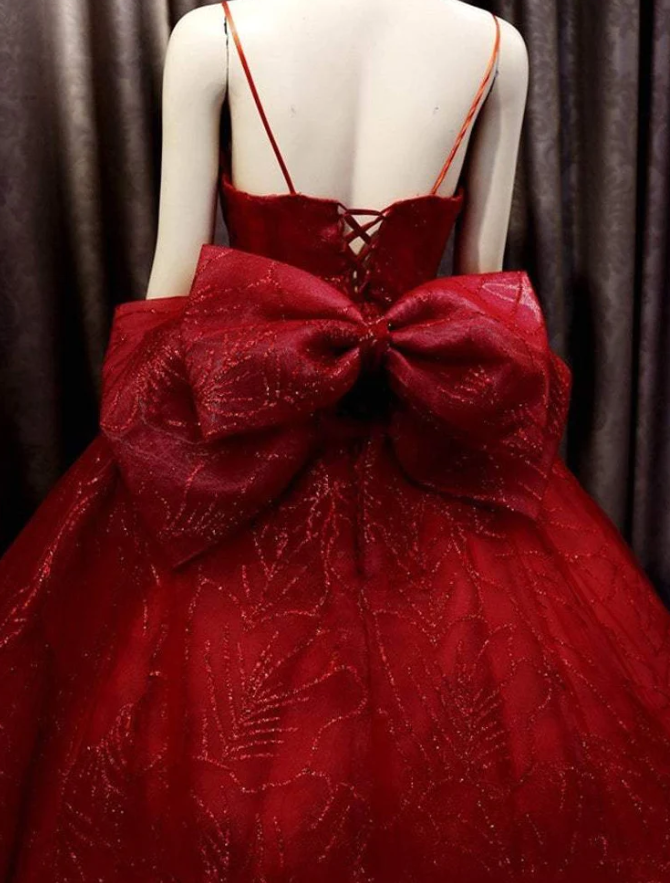 Deep red sparkle beaded thin strap V neck ball gown wedding dress with bow back - Fashionpara