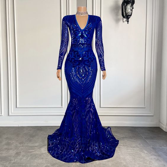 Royal Blue Prom Dresses, Lace Prom Dresses, Mermaid Prom Dresses, Long Sleeve Prom Dresses - Fashionpara