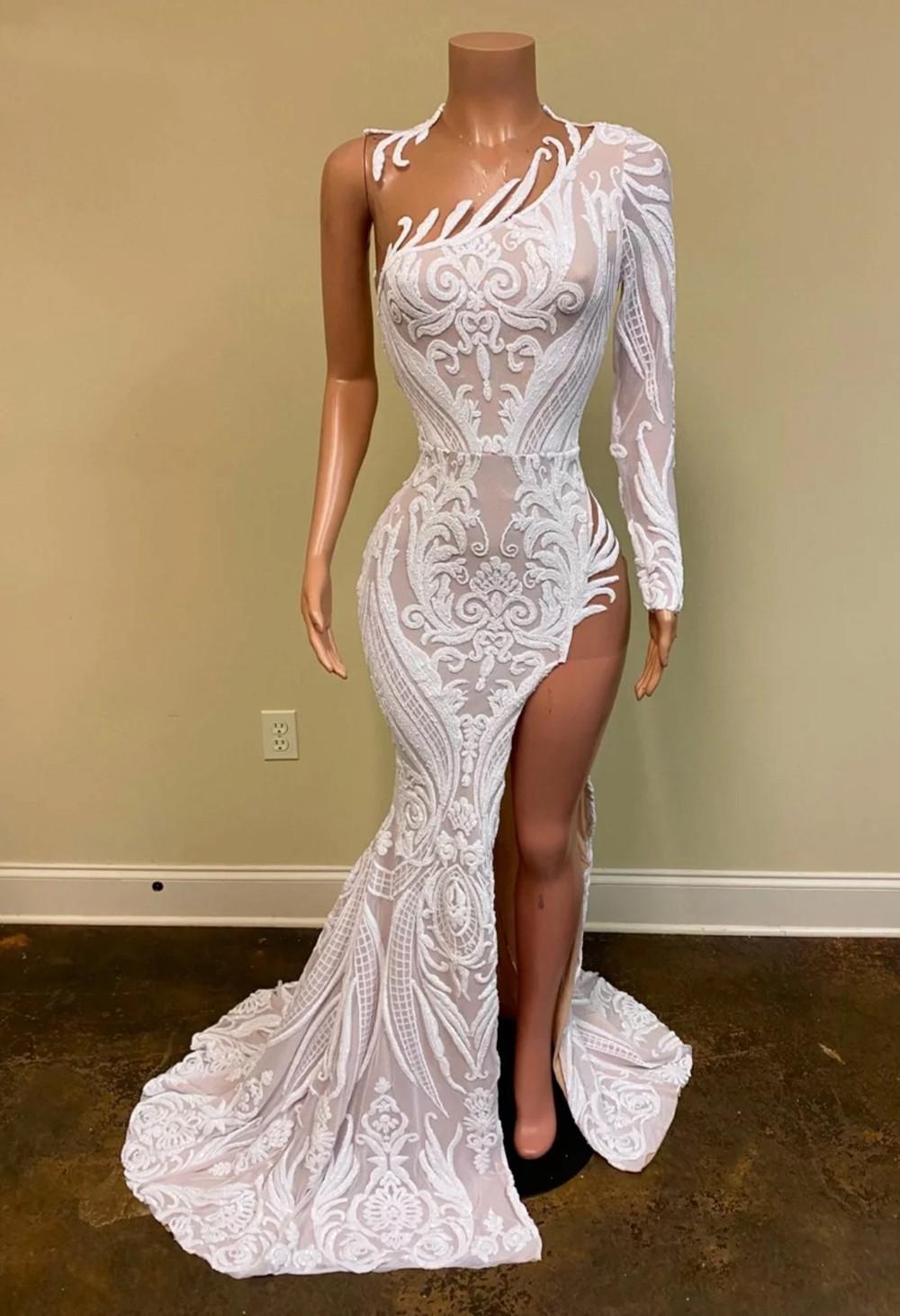 Sparkly Elegant Evening Dresses 2022 Sexy Mermaid Single Long Sleeve White Sequin African Black Girl High Slit Prom Dress - Fashionpara