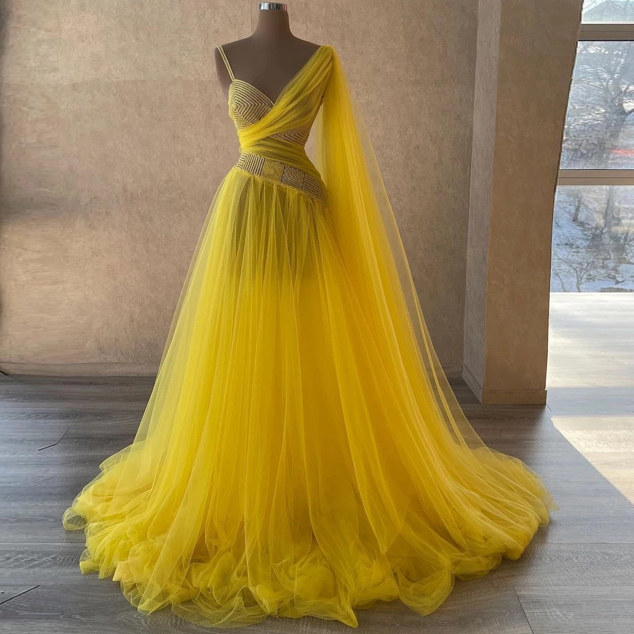 V-neck Prom Dress A-line Tulle Dress Long Sleeve Evening Dresses Yellow Pageant Dress Plus Size Dresses - Fashionpara