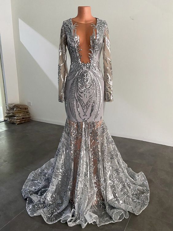 Sliver prom dresses, sparkly prom dresses, mermaid prom dresses, long sleeve prom dresses - Fashionpara