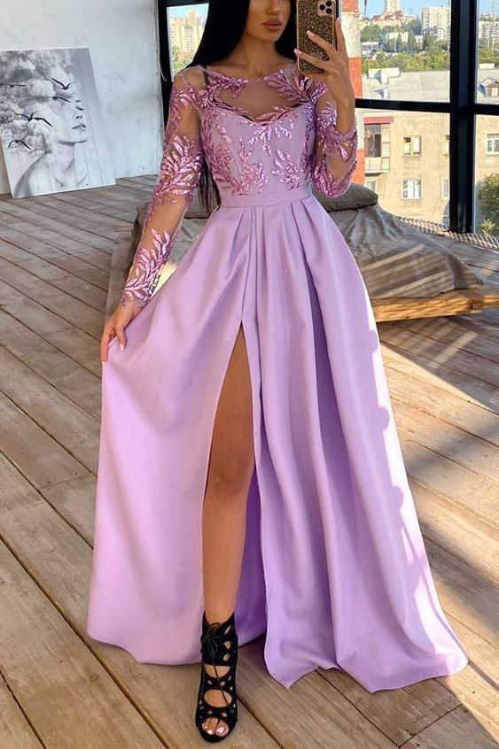 Purple long-sleeved hot-stamped sequined dress - Fashionpara