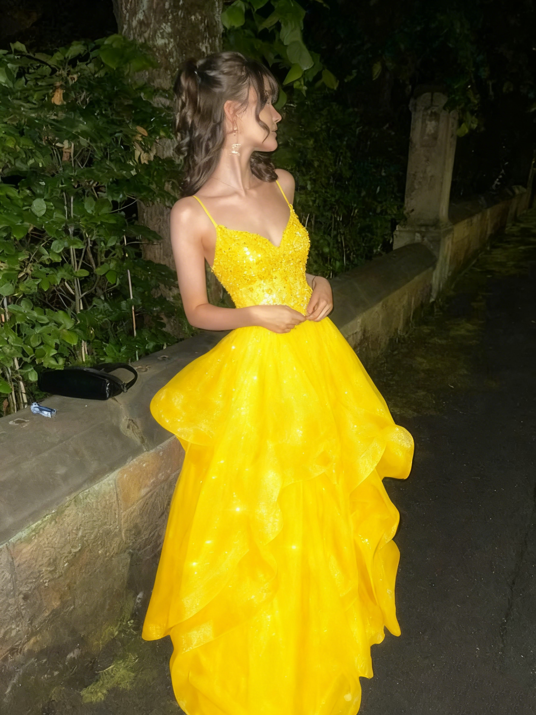 A Line Blue Shinny Tulle Party Dress Long Evening Dress Vintage Prom Dress - Fashionpara