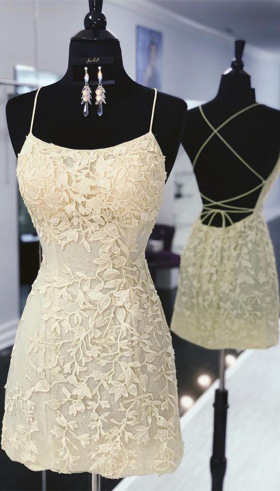 tight yellow lace homecoming dresses, short yellow homecoming dress with lace up back - Fashionpara