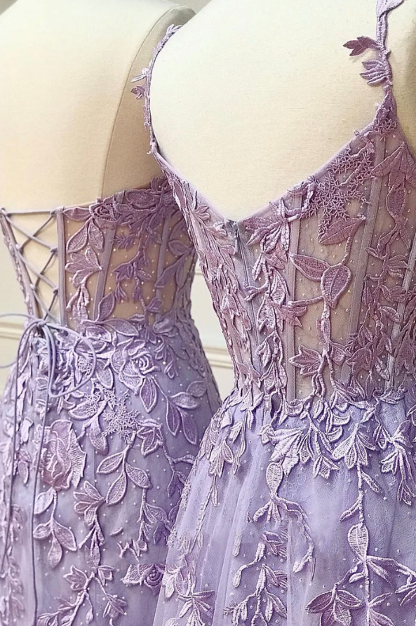 Purple tulle lace long prom dress purple evening dress - Fashionpara