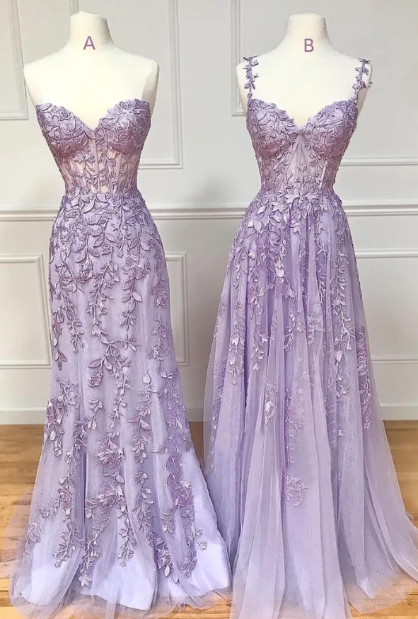 Purple tulle lace long prom dress purple evening dress - Fashionpara