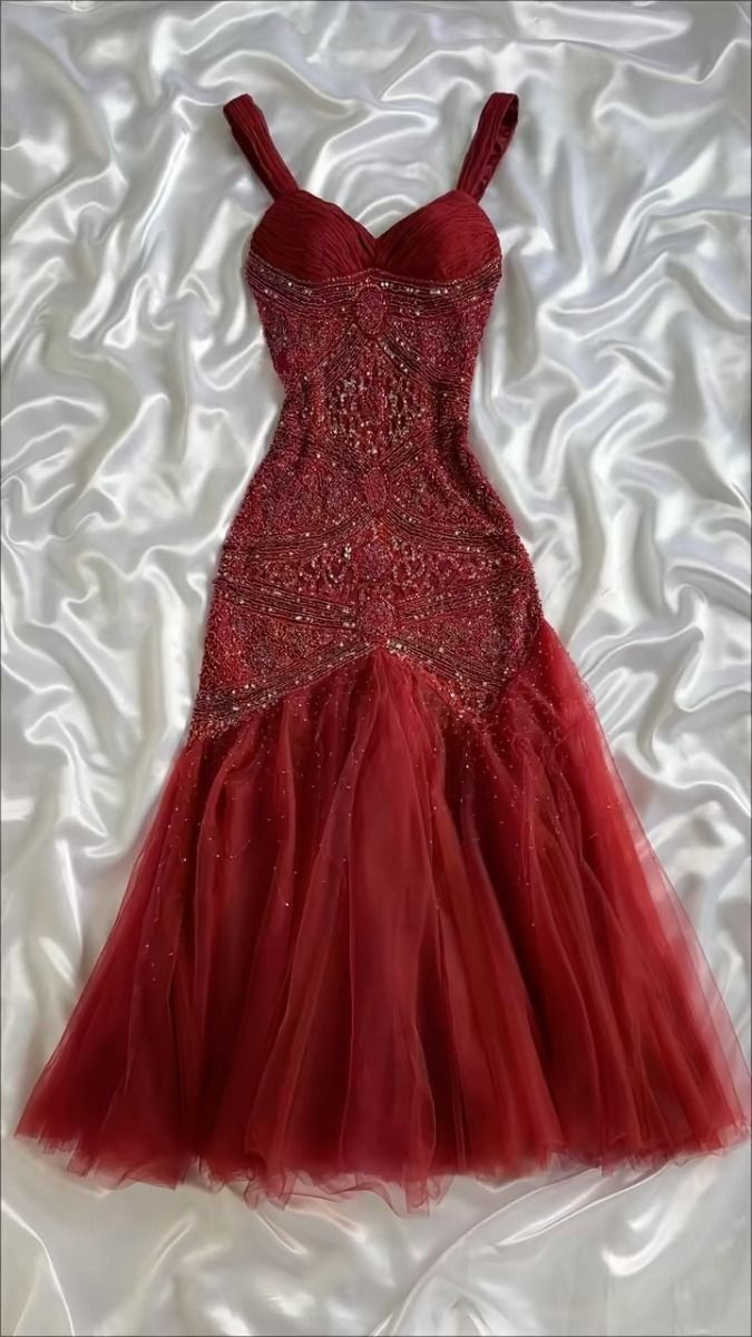 Red Vintage Dress Long Prom Dress Beaded Red Outfit - Fashionpara
