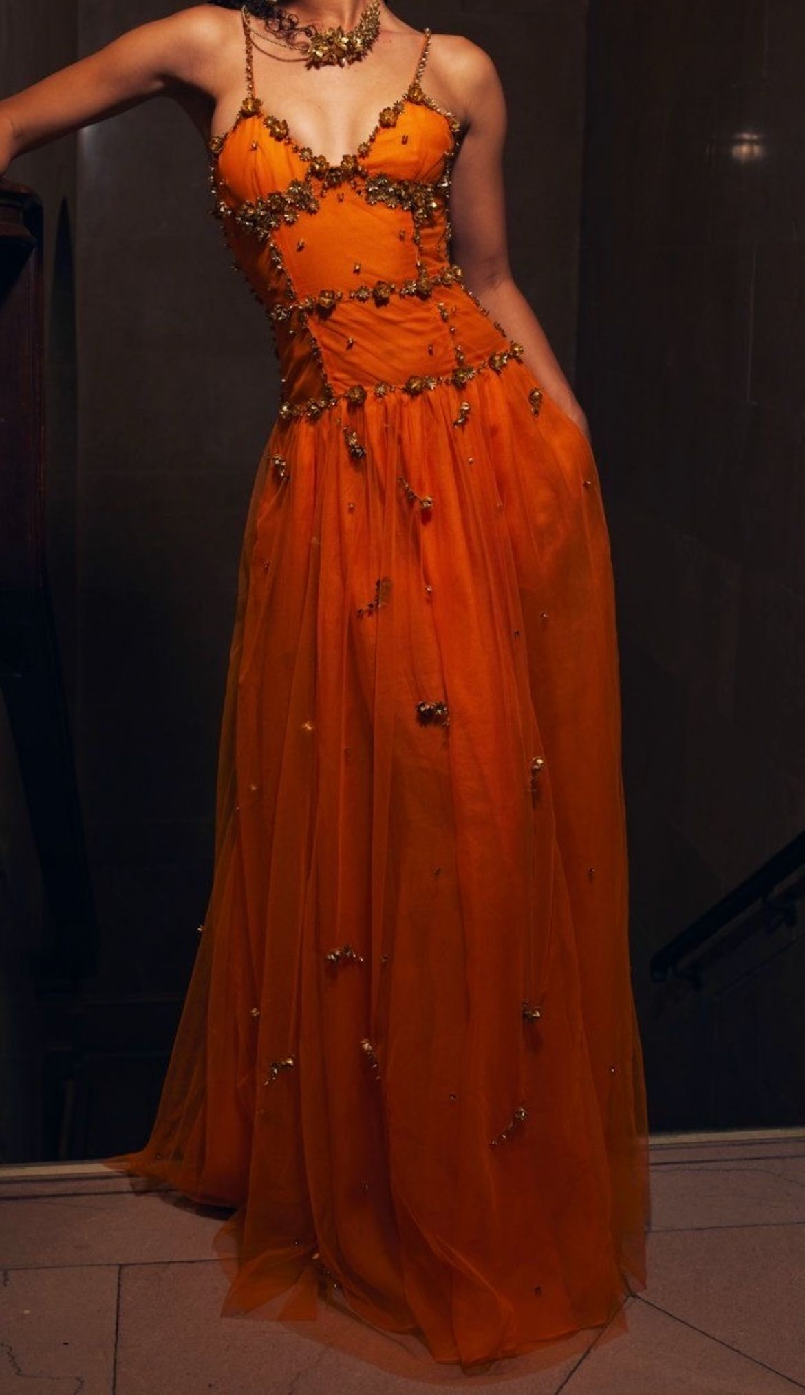 Beaded Orange Vintage Tulle Prom Dress 21st Birthday Outfit Evening Dress - Fashionpara