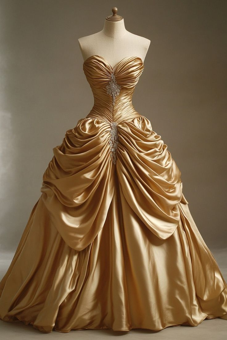 Sweetheart Neck Gold Birthday Ball Gown Satin Long Prom Dress - Fashionpara
