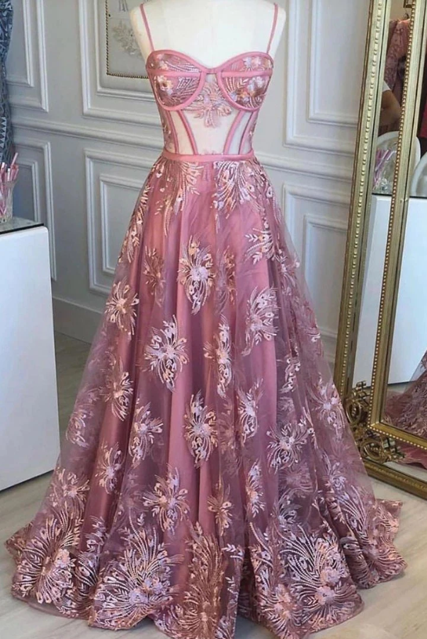 Spaghetti Straps Sweetheart Neck Tulle Long Prom Dress With Appliques - Fashionpara