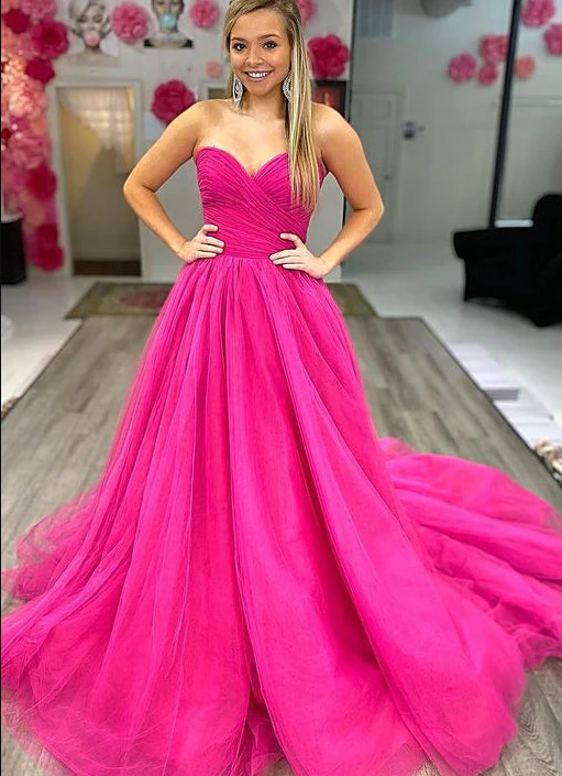 Strapless A Line Sweetheart Evening Dresses Formal Dresses Tulle Long Prom Dresses - Fashionpara