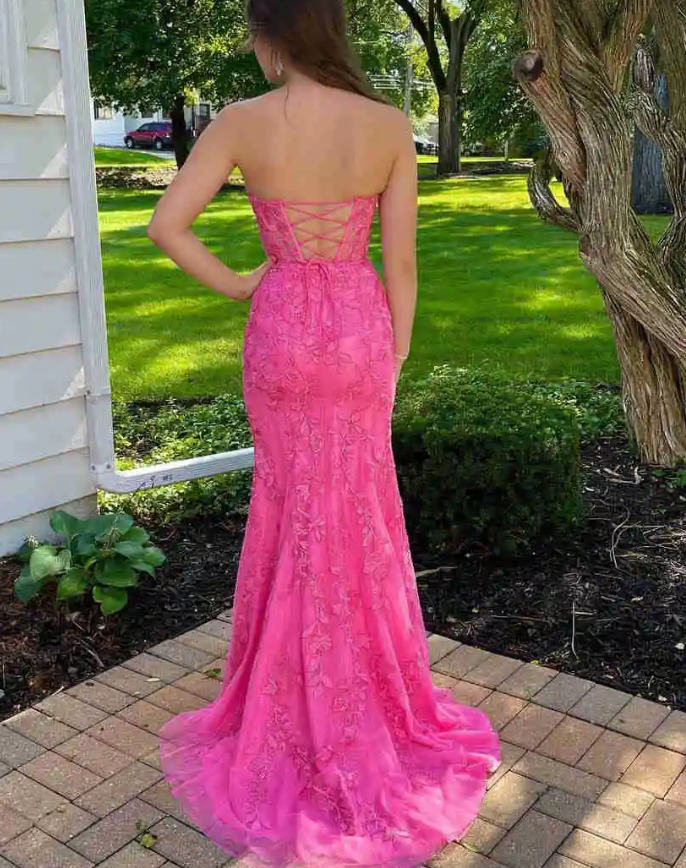 Strapless Hot Pink Lace Long Prom Dress with Appliques - Fashionpara