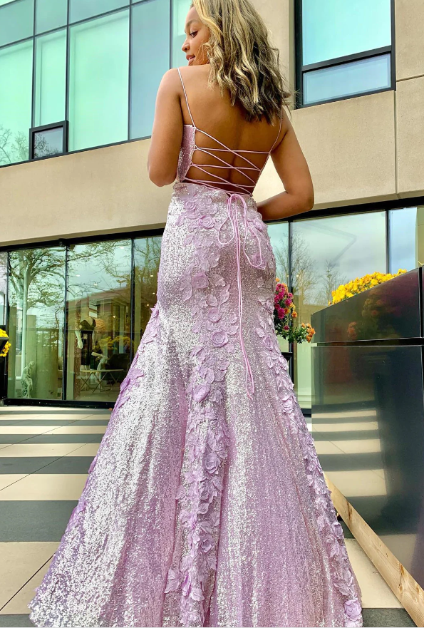 Sweetheart Neck Backless Mermaid Purple Long Prom Dresses, Mermaid Purple Lace Formal Graduation Evening Dresses - Fashionpara
