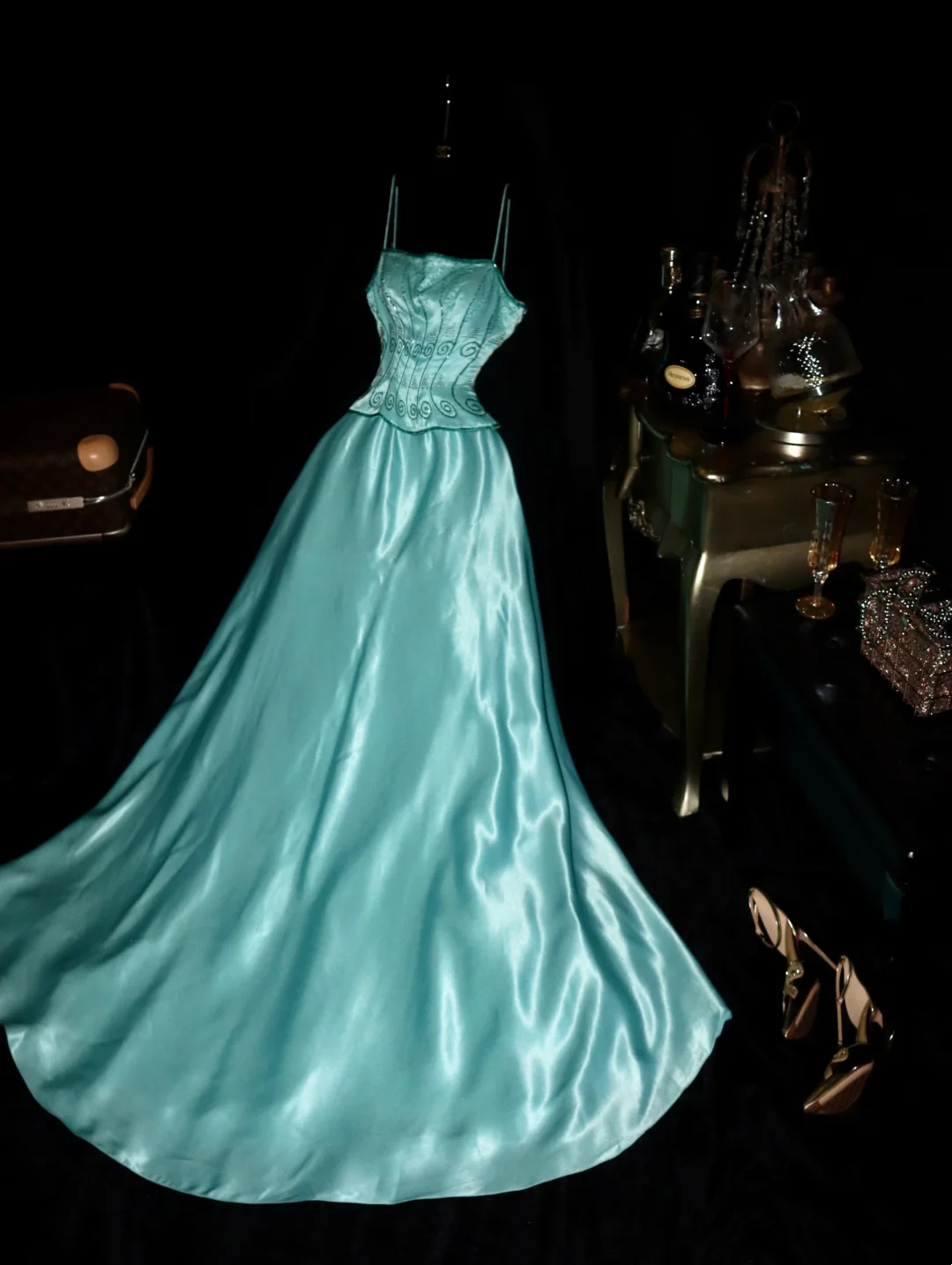 Blue Satin Long Prom Dress Beaded Vintage Birthday Outfit - Fashionpara