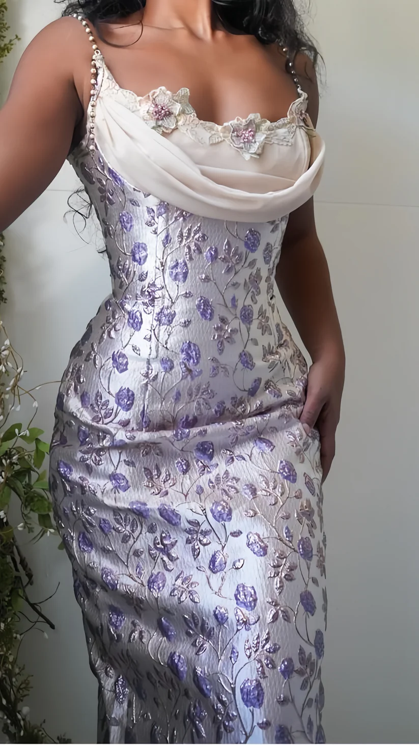 Purple Floral Sheath Beaded Prom Dresses Appliques Party Dress - Fashionpara