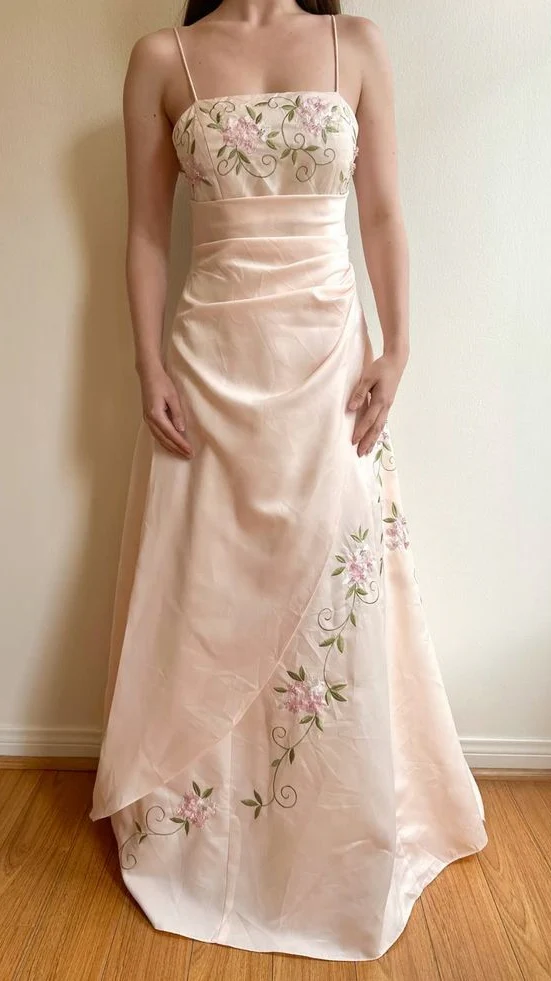 Elegant Champagne Floral Embroidery Long Prom Dresses School Event Dress - Fashionpara