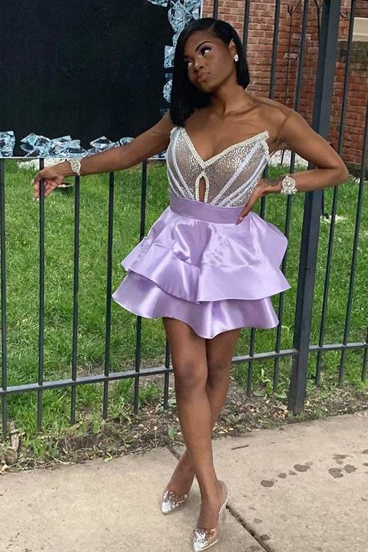 V Neck Purple Strapless Homecoming Dresses Satin Sequins Above Knee Short Prom Dress - Fashionpara