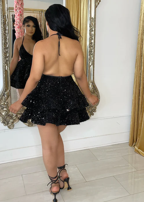 Sexy Black Sparking Short Cocktail Dresses Back Open Tiered Sequin Graduation Gown - Fashionpara