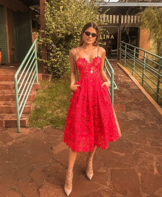 A-line Straps Red Prom Dress Lace - Fashionpara