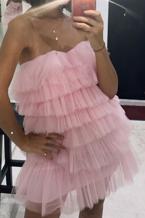 Tiered Tulle Pink Homecoming Dress, Princess Strapless Short Prom Dress - Fashionpara