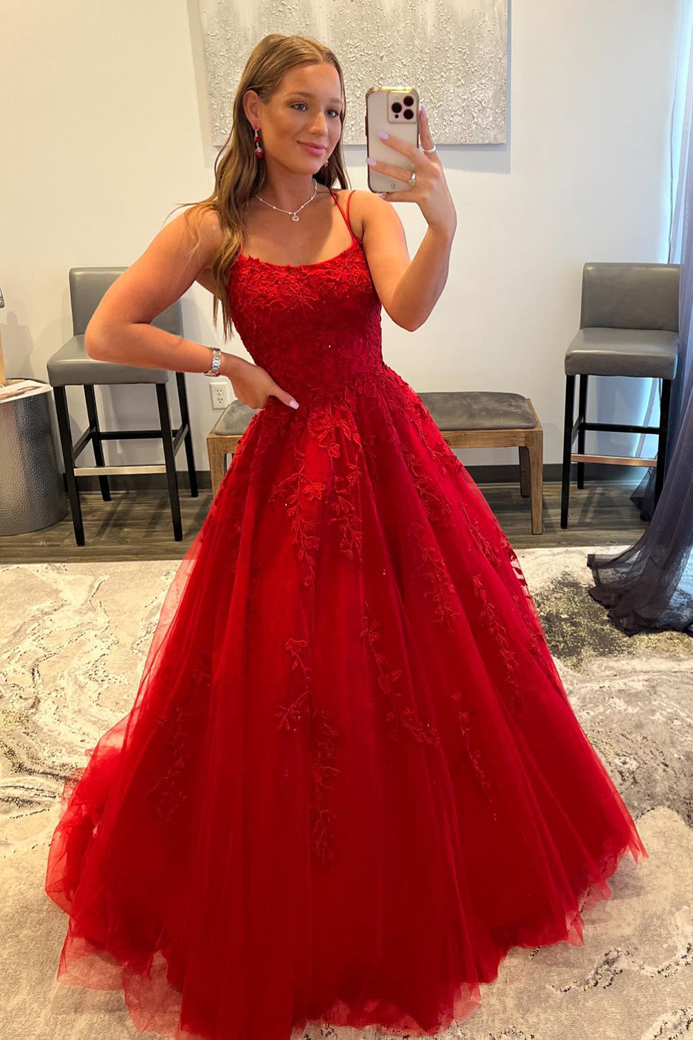 Red Spaghetti Straps Long Prom Dress with Appliques - Fashionpara