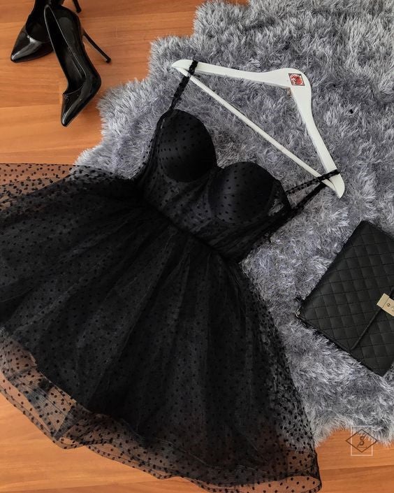 Black polka dot Tulle strapless corset short dress homecoming dresses - Fashionpara