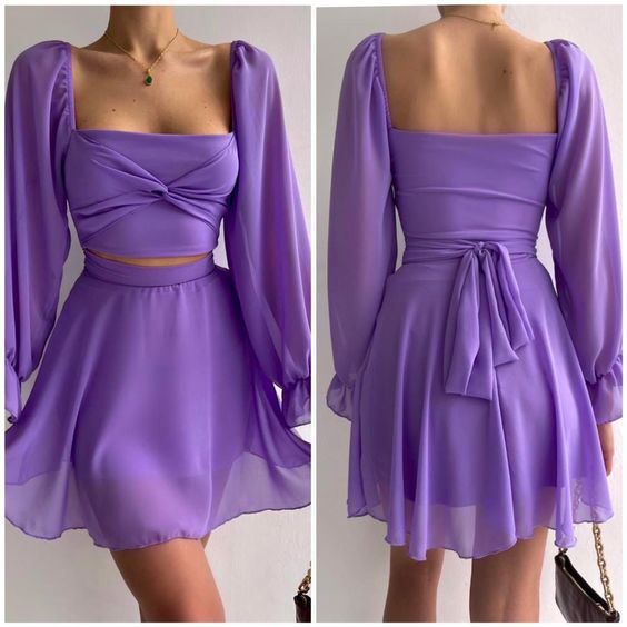 Purple Long Sleeve Short Prom Dress Homecoming Dresses - Fashionpara