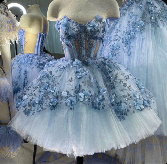 Blue Tulle Short Homecoming Dress With 3D Flowers - Fashionpara