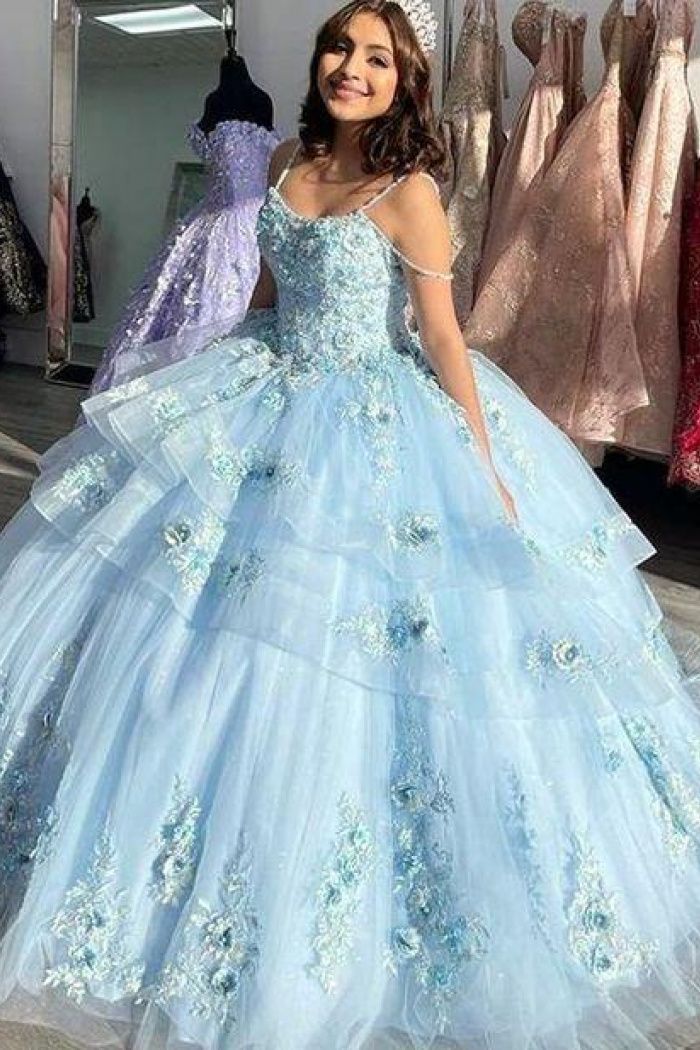 Plus Size Sky Evening Tulle Quinceanera Dresses Ball Gown Prom Dress - Fashionpara