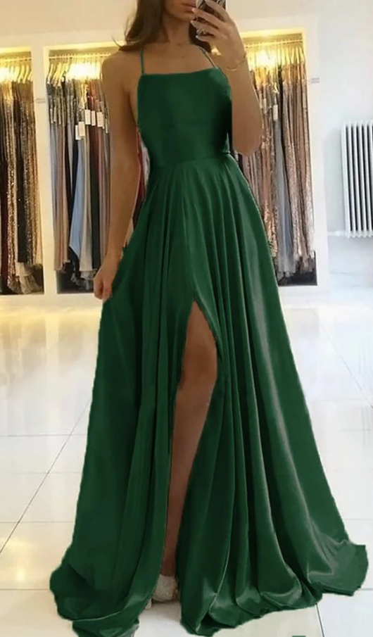 Amazing Spaghetti Straps Satin Sexy Slit Dark Green Prom Dress - Fashionpara