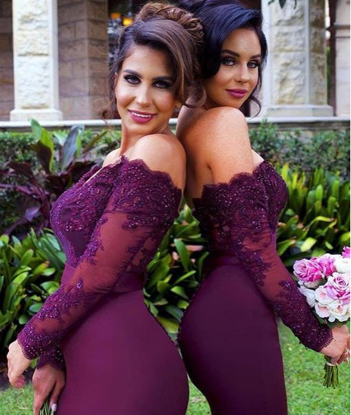 Custom Made Off Shoulder Mermaid Maroon Long Sleeves Lace Prom Dresses, Burgundy Lace Bridesmaid Dresses, Formal Dresses - Fashionpara