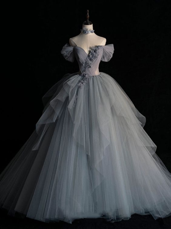 Gray sweetheart neck tulle long prom dress, gray evening dress - Fashionpara