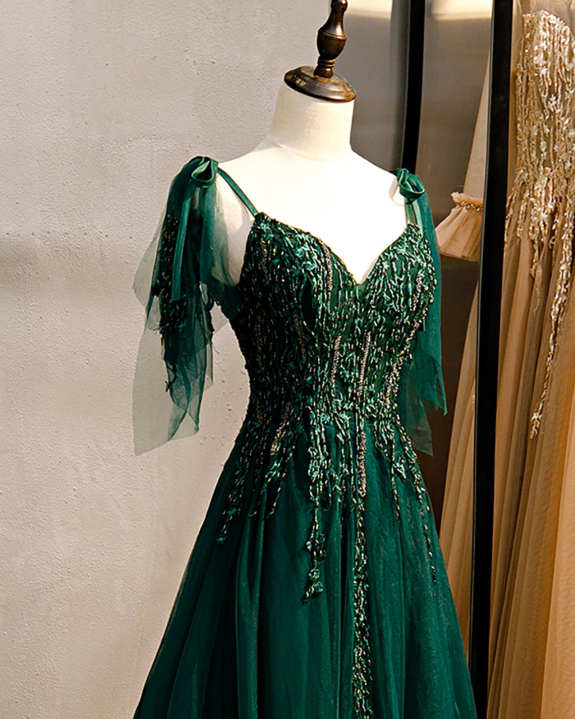 Emerald Green Spaghetti Straps Prom Dress Shinny Prom Dress - Fashionpara