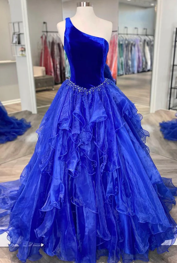 Blue velvet tulle long prom dress A-line evening dress - Fashionpara