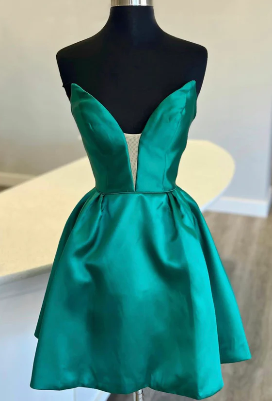 Green satin short prom dress homecoming dress - Fashionpara