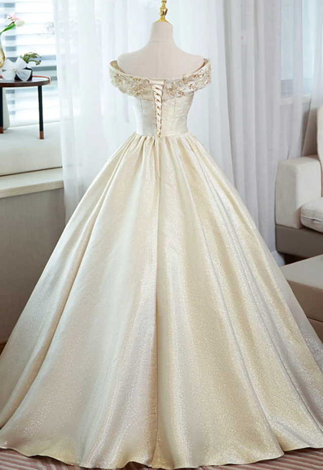 Champagne satin lace long ball gown dress formal dress - Fashionpara