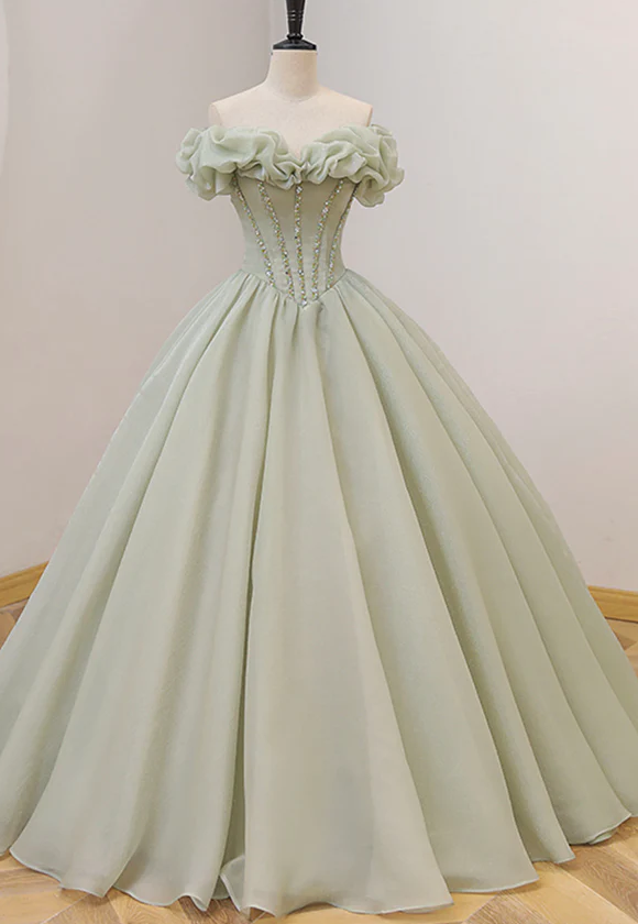 Green tulle sequins long ball gown dress formal dress - Fashionpara