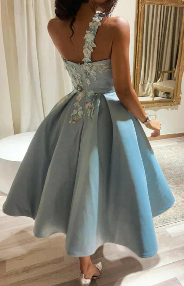 Cute satin lace short prom dress one shoulder evening dress - Fashionpara