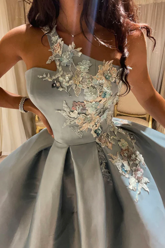 Cute satin lace short prom dress one shoulder evening dress - Fashionpara