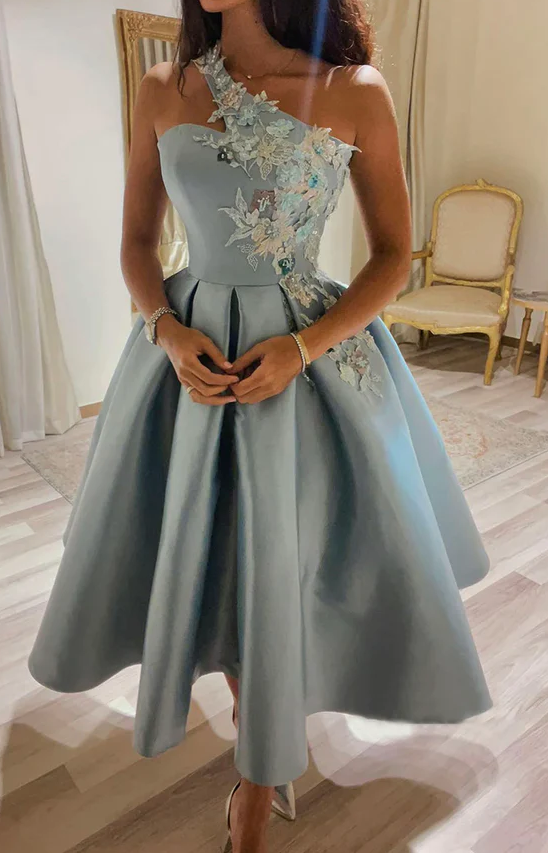 Cute satin lace short prom dress one shoulder evening dress - Fashionpara