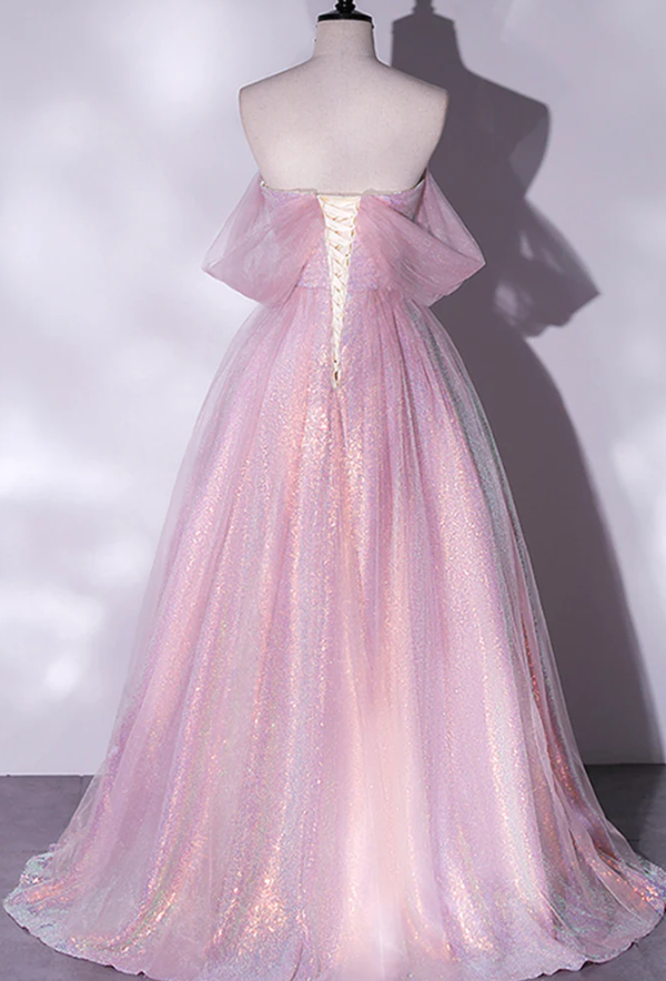 Shiny tulle sequins long pink prom dress A-line evening dress - Fashionpara