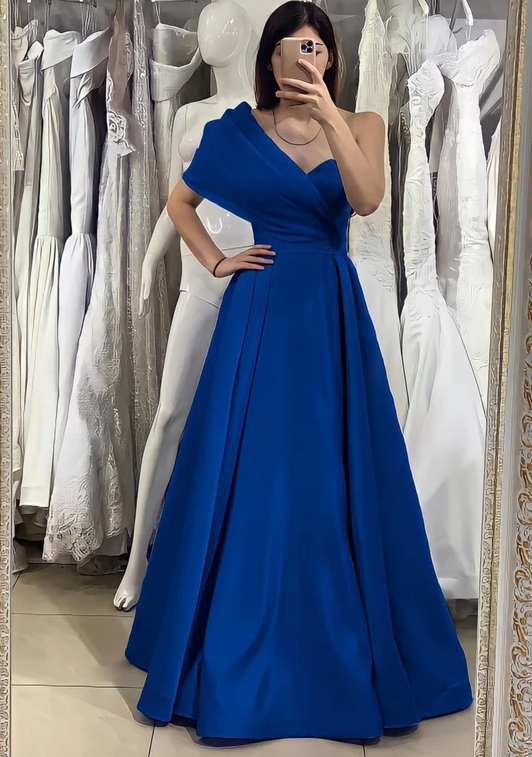 Simple One Shoulder Satin Blue Long Prom Dresses, Blue Formal Dreses - Fashionpara
