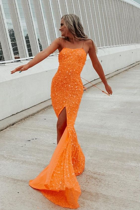 sparkle mermaid orange sequins long prom dress with slit - Fashionpara