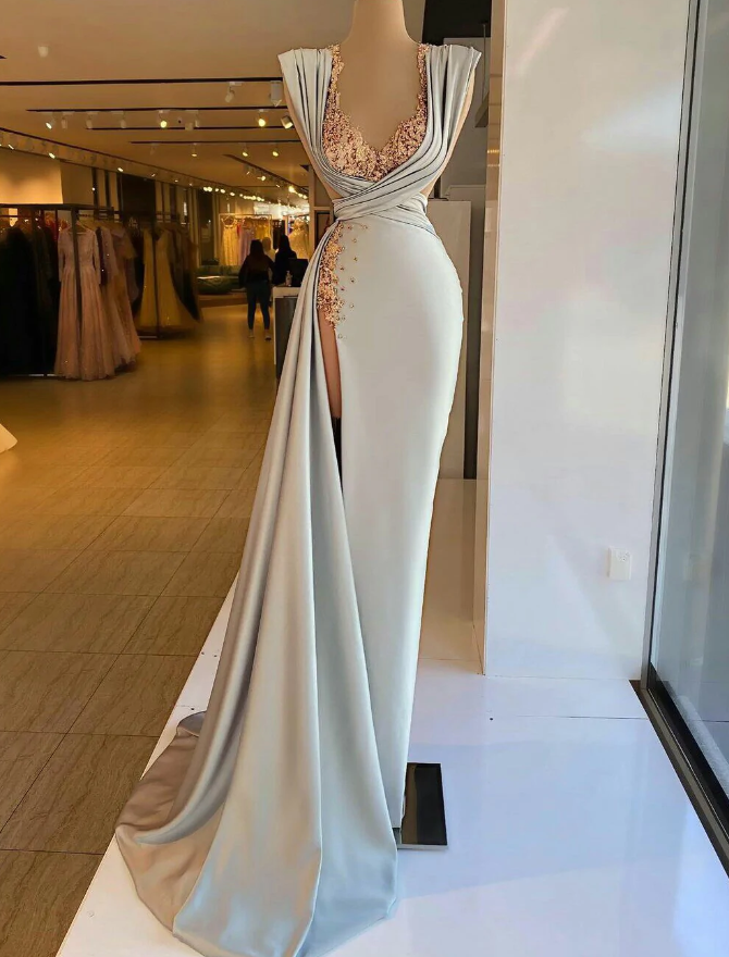 Light Green Deep V Neck Mermaid Evening Gowns High Side Split Prom Dresses - Fashionpara