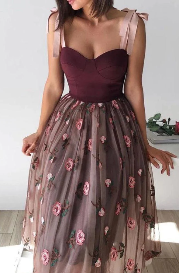 A Line Tulle Short Prom Dresses Floral Skirt Tea Length Women Casual Gowns - Fashionpara