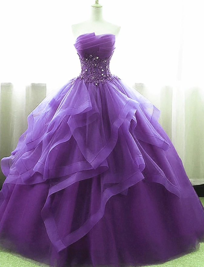 Purple Ball Gown Organza and Tulle Sweet 16 Dress with Lace Appique, Purple Formal Gown - Fashionpara