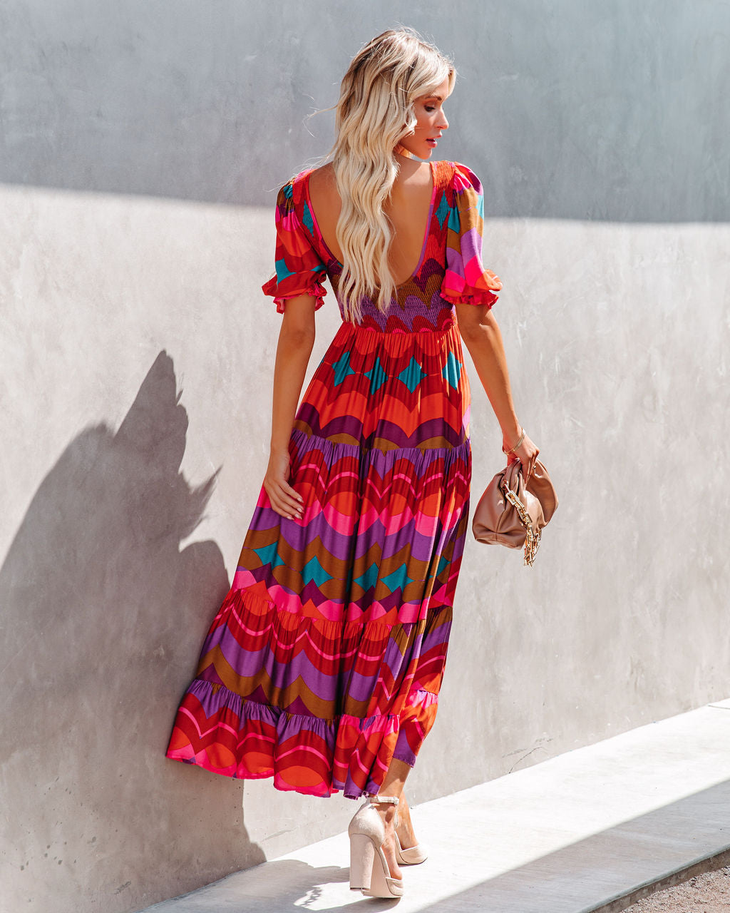 Geometric Print Smocked Puff Sleeve Tiered Maxi Dress