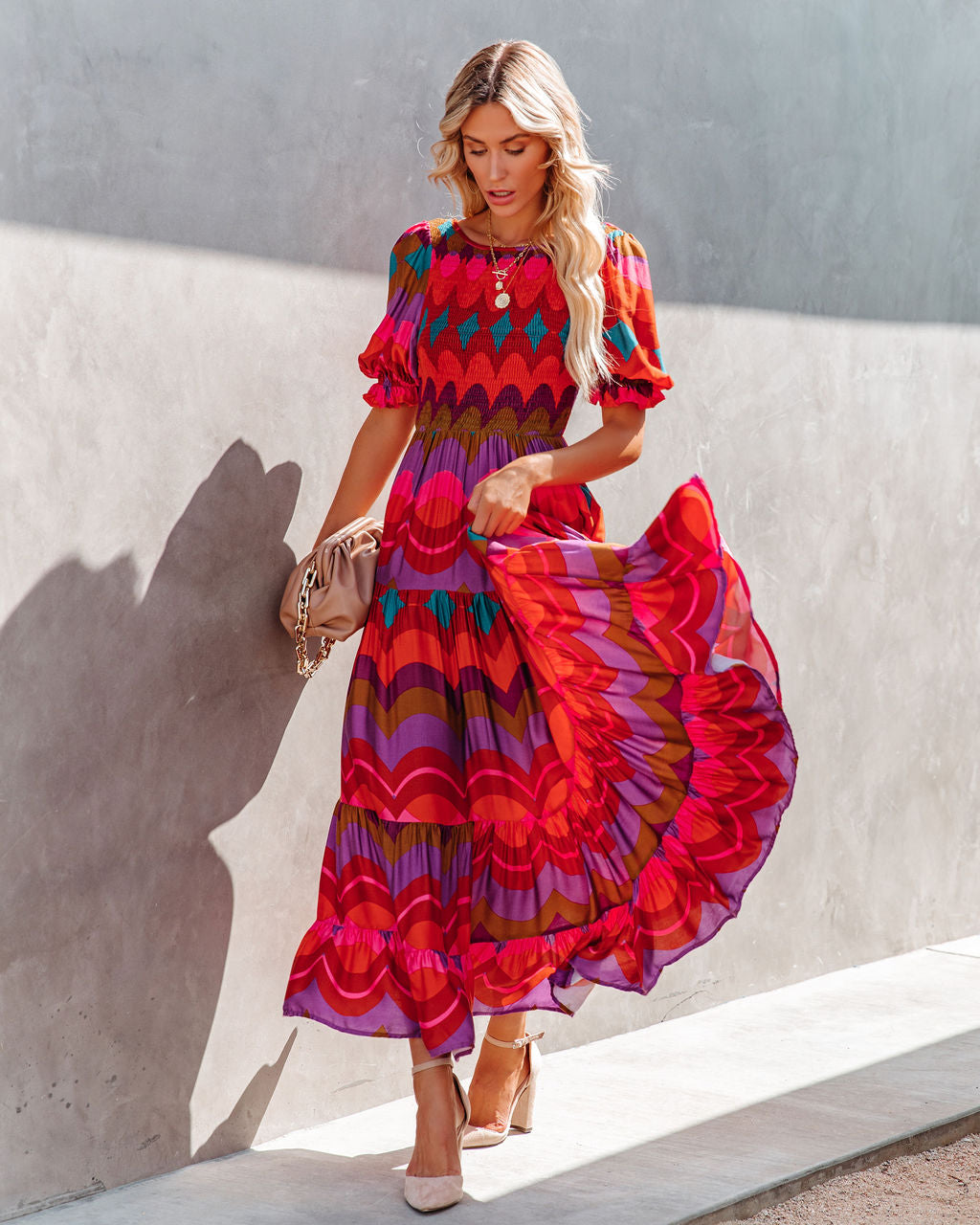 Geometric Print Smocked Puff Sleeve Tiered Maxi Dress