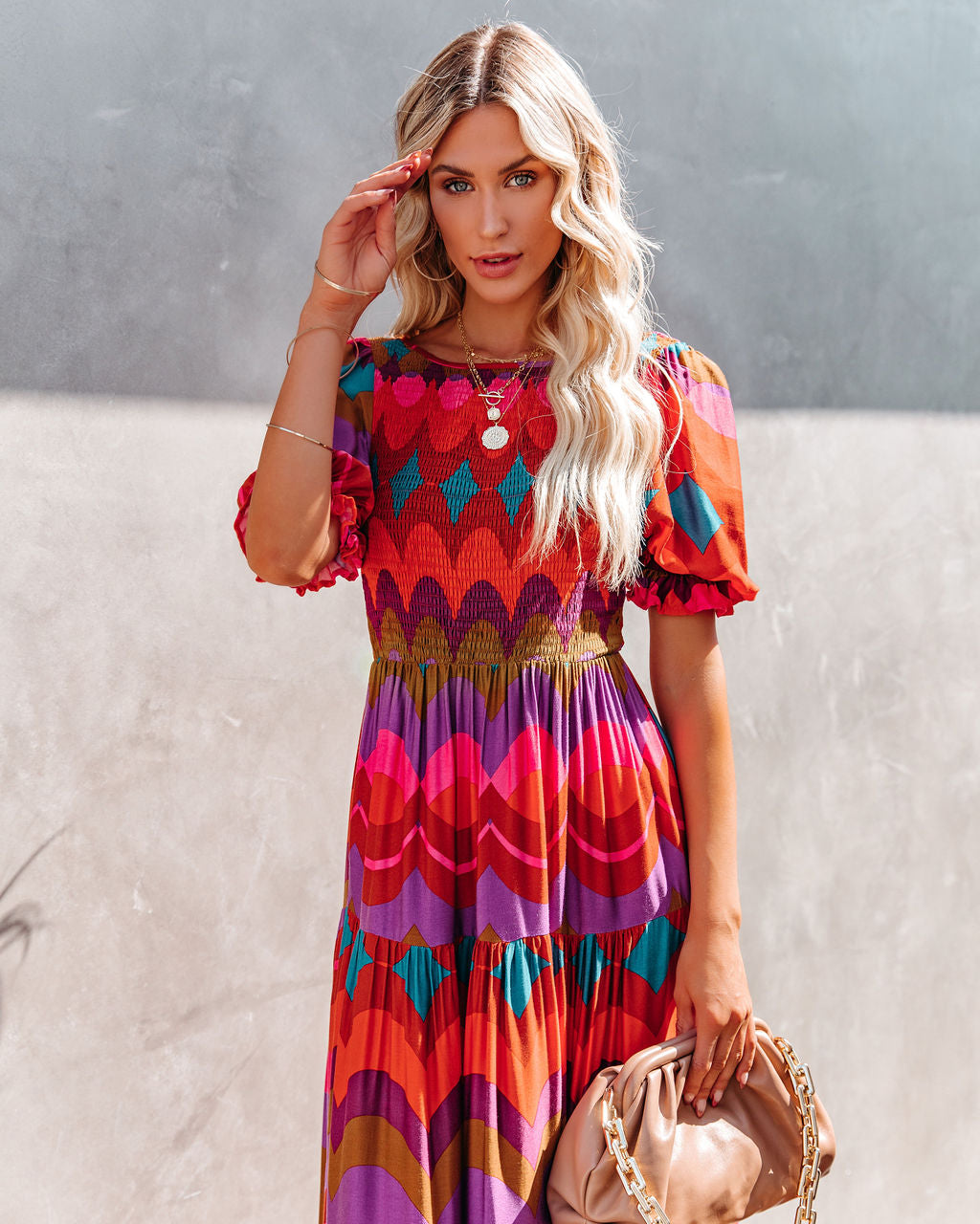 Geometric Print Smocked Puff Sleeve Tiered Maxi Dress