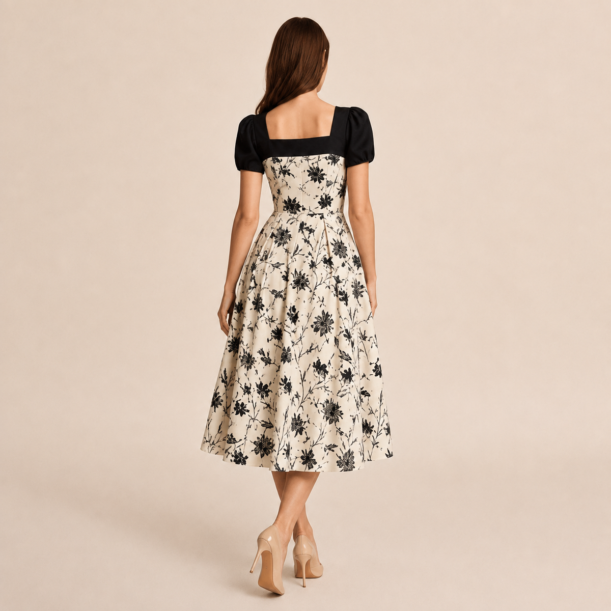 Floral Print Square Neck Puff Sleeve Fit and Flare Midi Dress 3